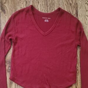 American Eagle Outfitters Ribbed Red V-Neck Sweatshirt